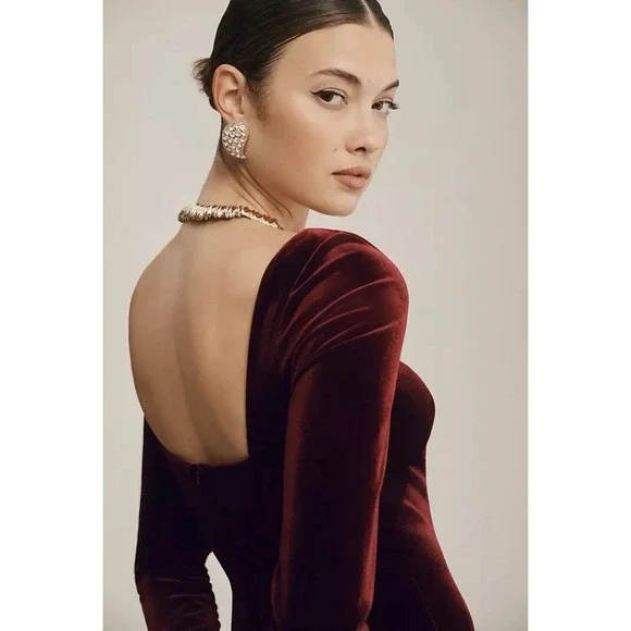 Jenny Yoo Rachel Dark Berry Stretch Velvet Square Neckline Gown‎ Women's Size 2 - Picture 2 of 10